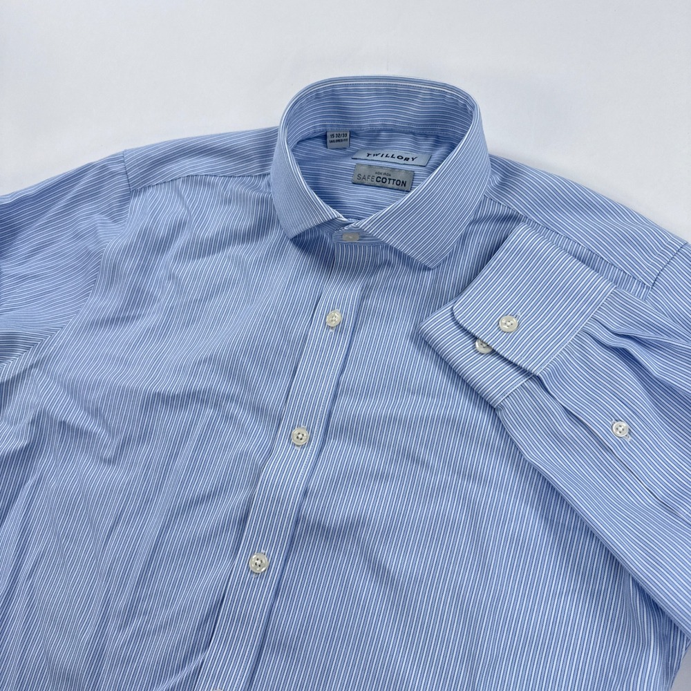 Twillory Mens Dress Shirt 15 32/33 Blue Stripe Tailored Fit Non Iron Button Down